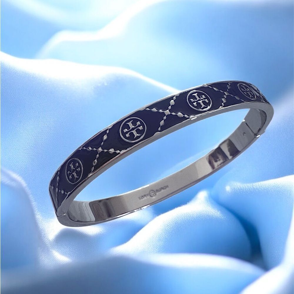 TORY BURCH T MONOGRAM HINGE SILVER AND BLUE ENAMEL BRACELET